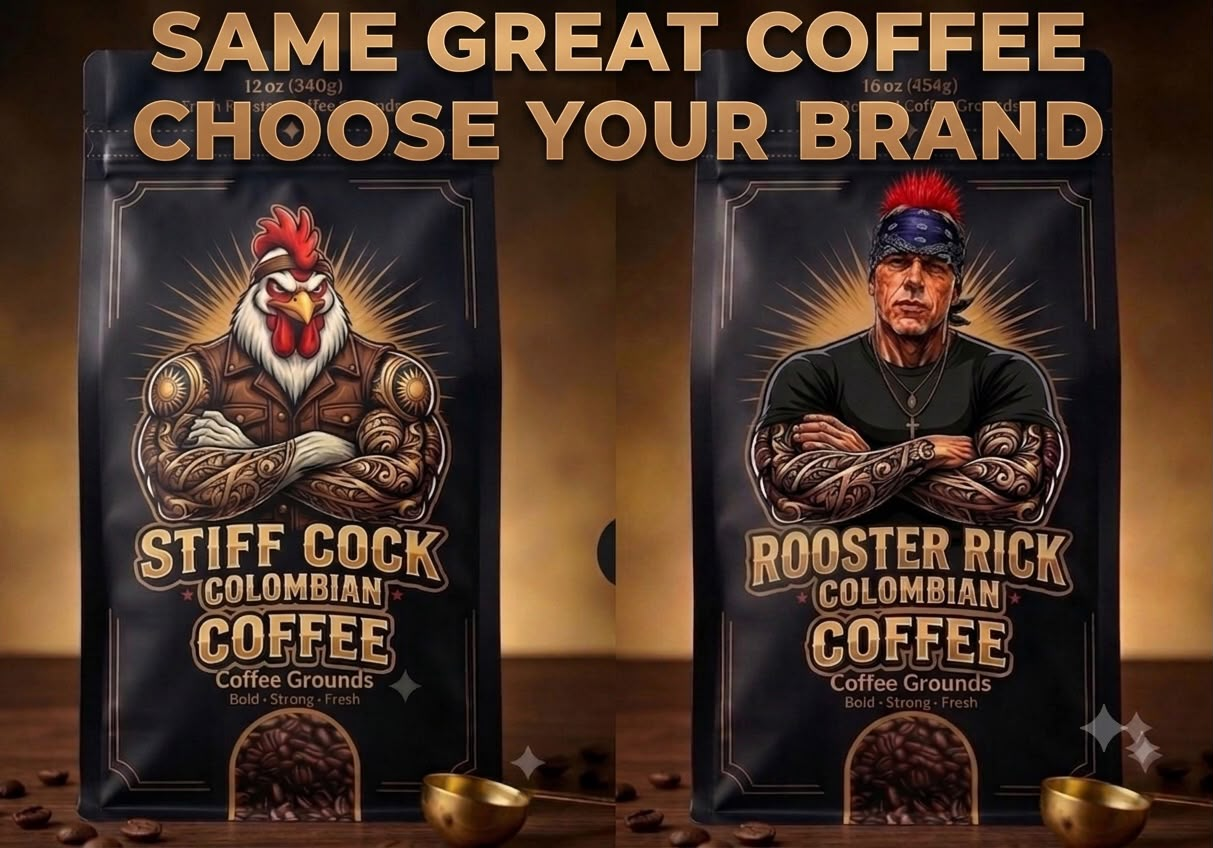 Stiff Cock Colombian Coffee bag next to Rooster Rick Colombian Coffee bag