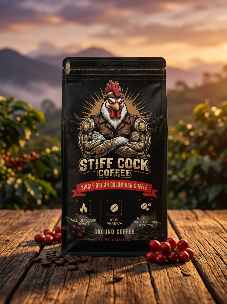 Stiff Cock Coffee bag in a Colombian finca at golden hour